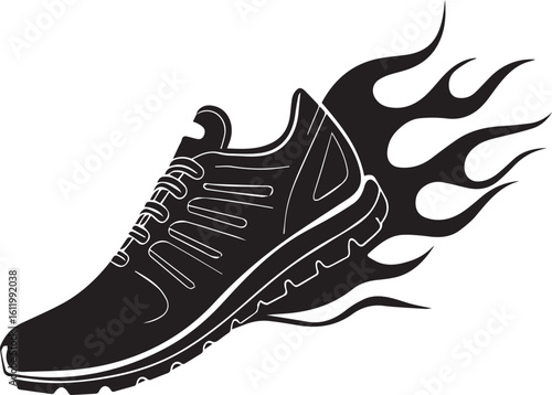 Black and White Graphic of a Running Shoe with Flames Emanating from the Heel