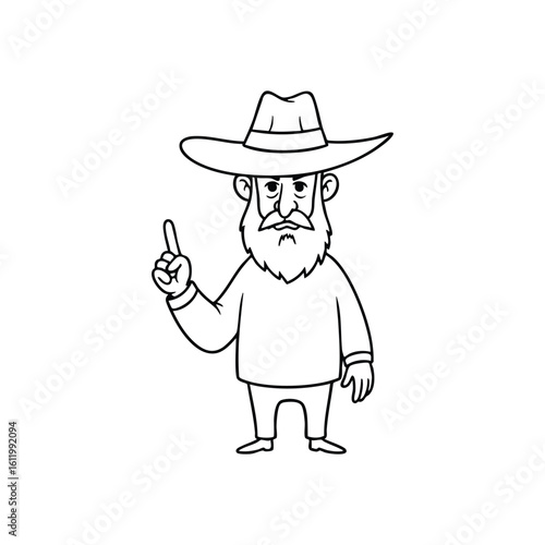Wise Man Pointing Upwards. A distinguished character with a long beard and a fedora hat raises a digit, symbolizing an important idea or direction.