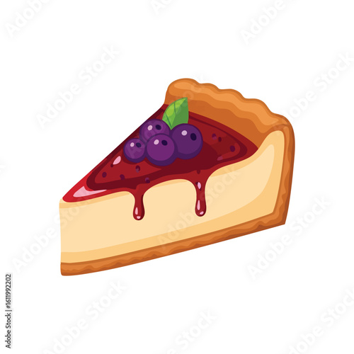 Delicious Blueberry Cheesecake Wedge. A delectable dessert, this creamy confection features berry jam and fresh fruit on a golden crust. A delightful indulgence for any moment.