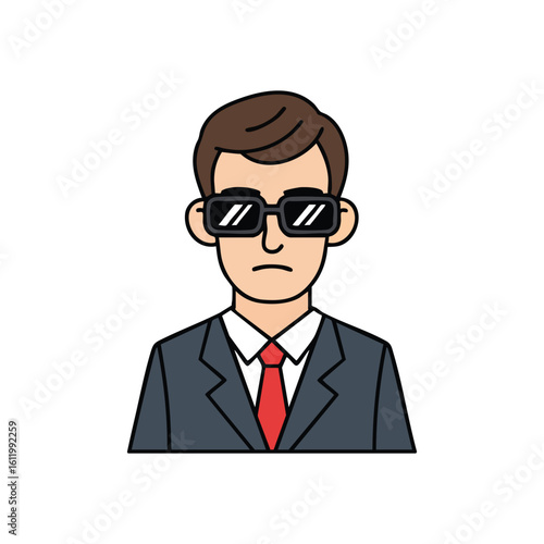 Business Professional in Dark Glasses. Illustrated corporate figure in formal wear, eyes concealed by shades, conveying seriousness, anonymity, or a discreet presence.