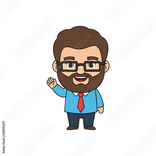 Friendly Cartoon Man Waving. A cheerful bearded male character with spectacles in professional attire extends a warm welcome, symbolizing approachability.