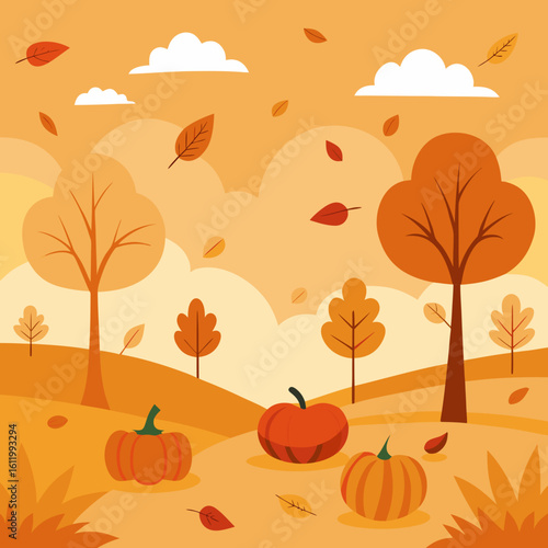 Autumn meadow with pumpkins and falling leaves gourds