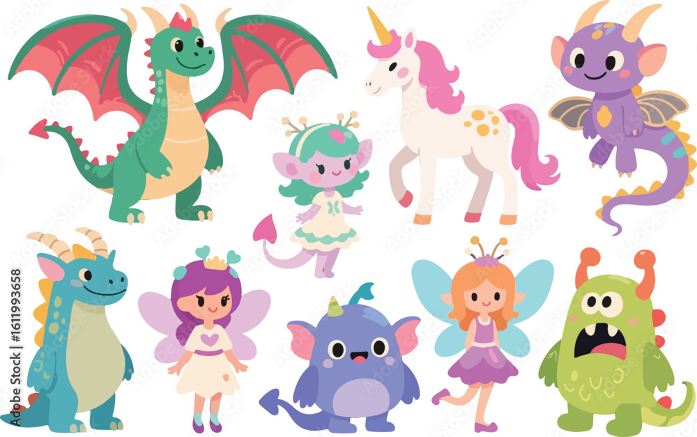 Naklejka premium Collection of cute fantasy creatures and fairies isolated on transparent background