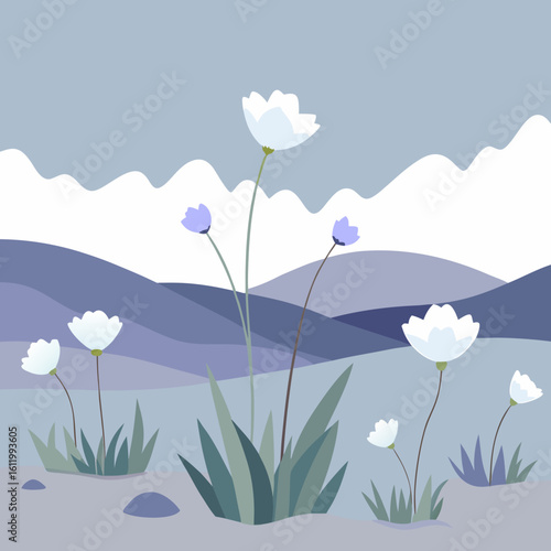 Delicate white and blue flowers bloom in a muted landscape tundra meadow
