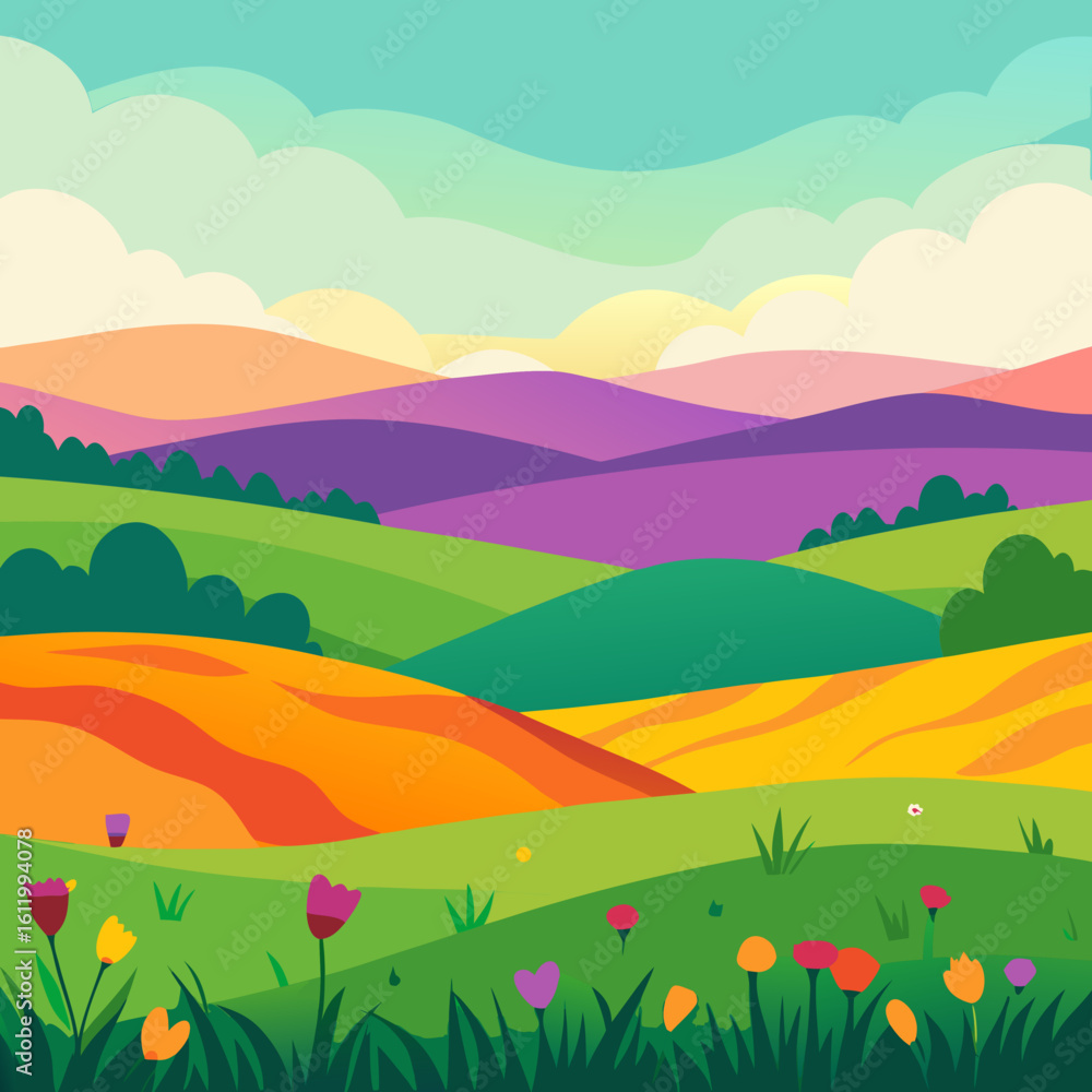 Fototapeta premium Rolling hills with colorful meadows and blooming flowers landscape tulips
