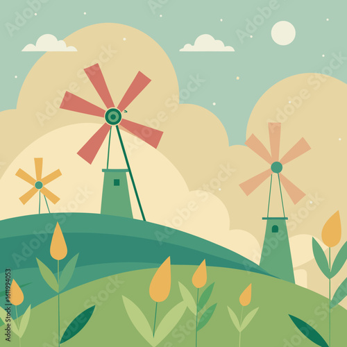 Peaceful rural meadow with windmills and stylized flowers nature
