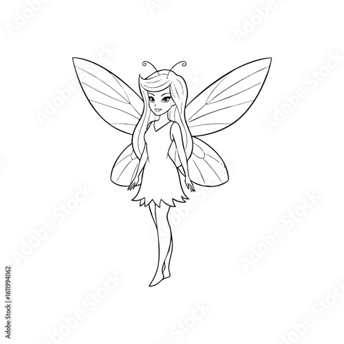 Charming Winged Sprite Drawing. An adorable fantasy creature with delicate wings and a sweet smile. This enchanting pixie embodies dreams, magic, and childhood wonder. Ideal for coloring.