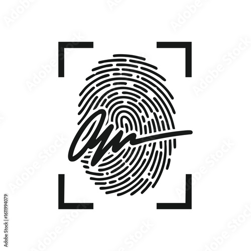 Biometric Signature Identity Scan. Illustrates modern technological security, featuring a unique finger pattern combined with an authorized autograph, symbolizing personal verification and.