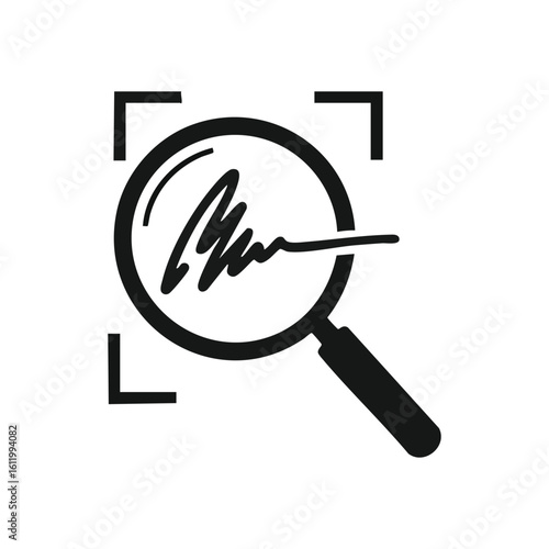 Authenticity Check Magnifying Glass. Icon depicting a zoom instrument over a handwritten mark. It symbolizes document validation, forensic scrutiny, and identity verification processes.