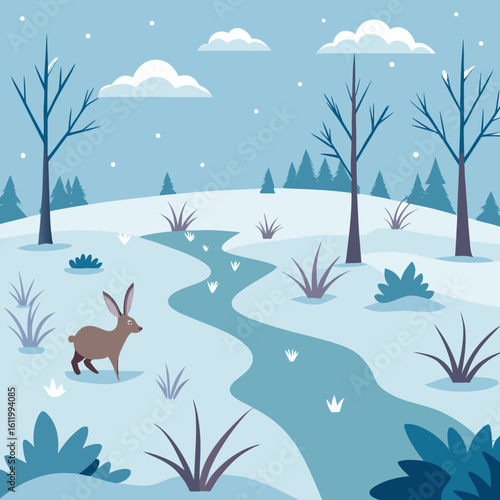 Rabbit by frozen stream winter landscape snow meadow
