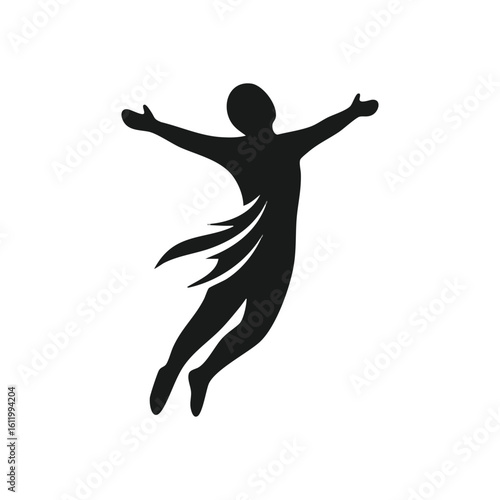Soaring Spirit Silhouette. Dynamic human figure in a powerful ascent, symbolizing success, liberty, and unlimited potential. Minimalist artwork conveys triumphant motion and achievement.