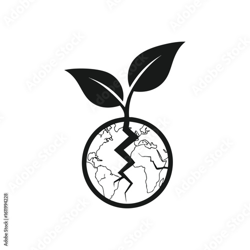 Global Sprout of Resilience. This image depicts a nascent plant emerging from a fractured world, symbolizing ecological recovery and enduring natural potential.