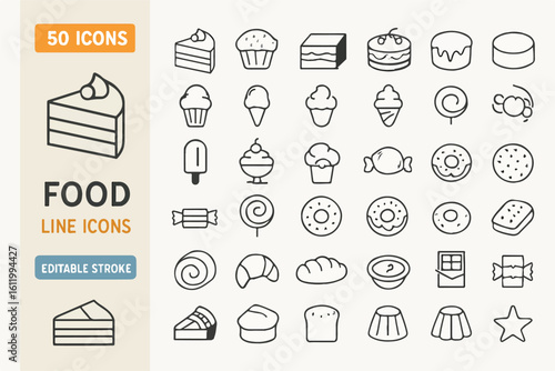 50 Food Line Icons – Editable Vector Sweets & Desserts Set with Cakes, Candy, Ice Cream, Donuts, Pastries, Bakery, and Confectionery Symbols