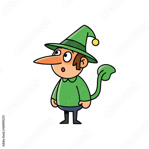 Whimsical Elf Cartoon Mascot. A delightful fantasy creature, perhaps a gnome or imp, adorns a green hat. Its prominent nose and leaf tail enhance a surprised, curious expression. Ideal for playful.