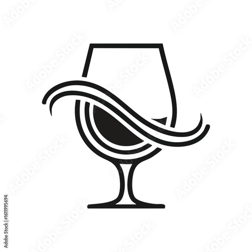 Elegant Spirits Glass Abstract Icon. A sleek minimalist goblet emblem featuring fluid lines. It subtly evokes discernment, quality, and individuality within a refined beverage concept.