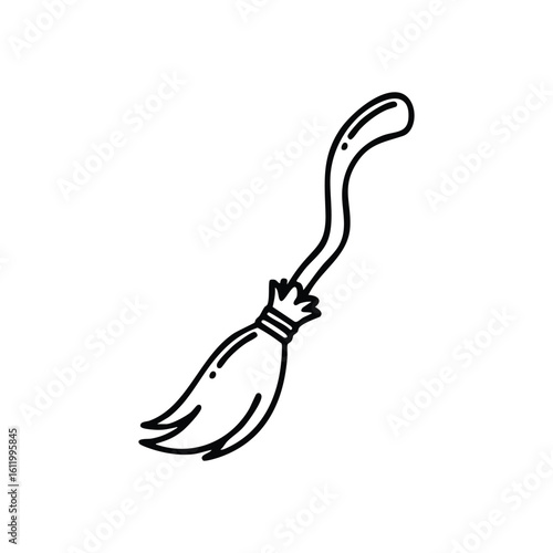 White Witch Broomstick Illustration. A clean line drawing of a flying besom on a dark background. This emblem evokes mystery, fantasy, and the spirit of All Hallows Eve.