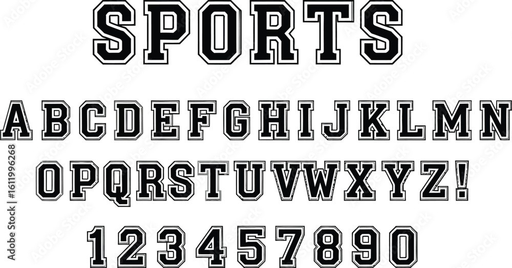 Bold varsity alphabet and numbers font for sports team branding