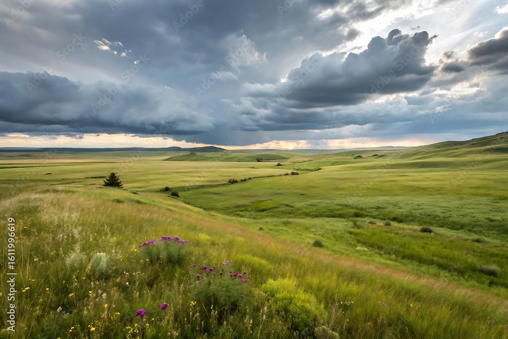 A vast green field stretches towards the horizon under a dramatic sky filled with storm clouds, creating a captivating landscape A vast green field stretches towards the horizon under a dramatic sky filled with storm clouds, creating a captivating landscape