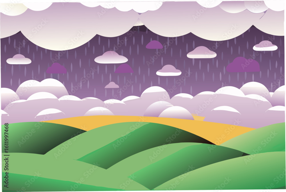 Fototapeta premium Rolling green hills under a purple stormy sky with rain and clouds nature landscape