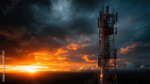 Climber conquers a towering cellular structure against a dramatic sunset backdrop