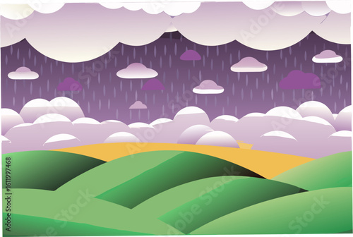 Rolling green hills under a purple stormy sky with rain and clouds nature landscape