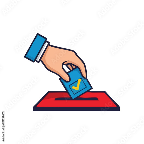 Casting a Vote in Election. Illustration of a hand placing a marked slip into a collection box. This imagery represents civic responsibility, electoral choice, and the foundation of democratic.