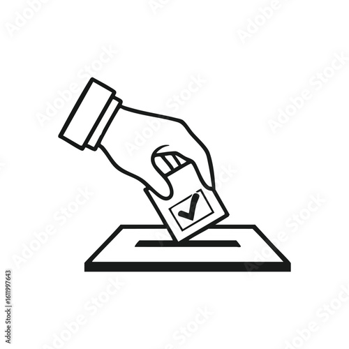 Hand Casting Ballot Icon. A person places their choice into a voting container. This graphic represents democracy, citizen participation, and the power of civic engagement.