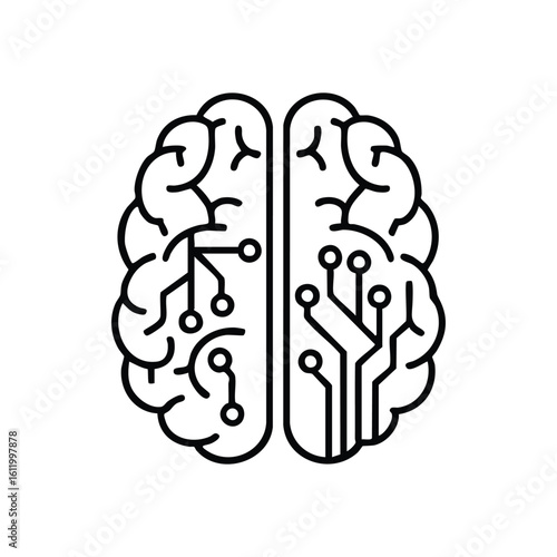 Artificial Intelligence Brain. This elegant icon features a human cerebrum infused with circuitry, illustrating digital thinking, machine learning, and technological progress.