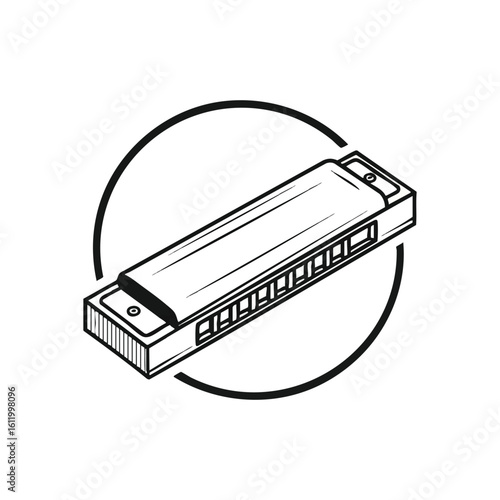 Harmonica Instrument Emblem. This monochrome graphic depicts a mouth organ, representing folk, country, and blues melodies. Ideal for auditory projects and branding.