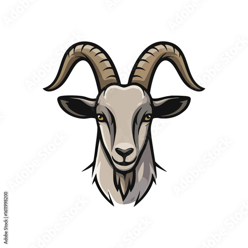 Powerful Goat Face Design. Dynamic illustration of a confident horned caprine mammal. Its piercing golden eyes and sturdy beard convey resilience, ideal for branding.