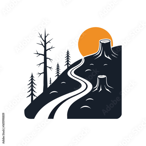 Forested Hill with Stumps at Dusk. Minimalist landscape with a winding trail, evergreen and bare trees, and cut trunks beneath an amber sky. Evokes environmental reflection and natural change.