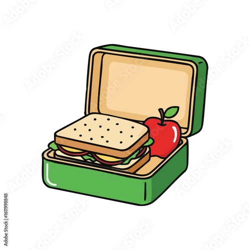 School Lunchbox Meal Illustration. An open green carrier holds a delicious packed sandwich and a crisp red fruit. This image evokes childhood, daily nutrition, and readiness for learning.