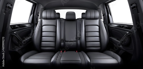 Black leather car seats with headrests and seat belts view from back seat inside vehicle
Luxurious black leather rear seats in a spacious, modern vehicle interior. 