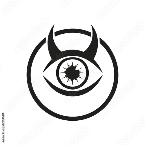 Mystic Horned Eye Icon. This stark monochrome illustration features a watchful gaze with fiendish horns, symbolizing power, surveillance, or a malevolent entity. Great for esoteric themes.