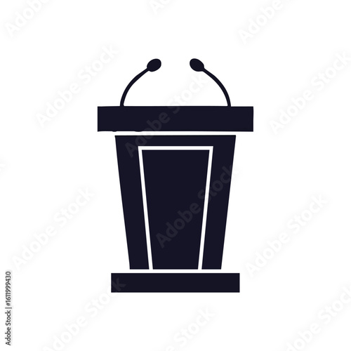 Podium Microphones Silhouette. This minimalist illustration depicts a formal speaker's stand with dual audio devices. It symbolizes leadership, communication, and important announcements.