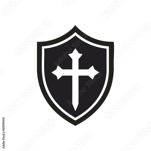 Christian Shield Cross Icon. This striking graphic features a sacred religious sign for spirituality and defense. A bold divine mark signifying belief, strength, and protection.