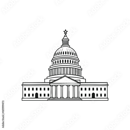 US Capitol Building Outline. Minimalist illustration of the iconic American legislature. This timeless design embodies democracy, national unity, and federal governance.