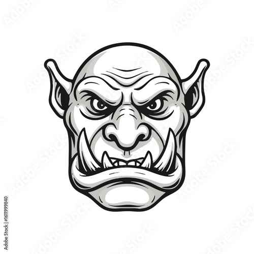 Furious Orc Head Mascot Design. A fierce monstrous visage with sharp tusks and intense gaze. This powerful fantasy character emblem symbolizes strength and unyielding determination.
