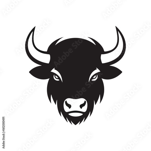 Powerful Bison Head Mascot Emblem. Bold monochrome portrayal of an untamed buffalo, embodying vigor and determination. Represents resilience, wild spirit, and strength.