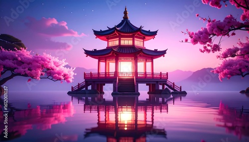 Pagoda Reflected in Lake with Cherry Blossoms at Dusk