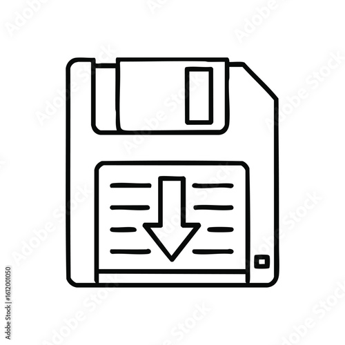 Floppy Disk Data Download Icon. Classic diskette graphic depicting the process of retrieving or storing information. This emblem symbolizes digital file management and secure archiving.