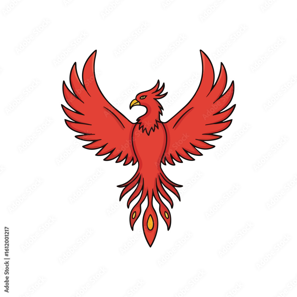Obraz premium Vibrant Red Phoenix Symbol. Illustrates the legendary bird in a bold scarlet hue, embodying notions of rebirth, strength, and eternal resurgence.