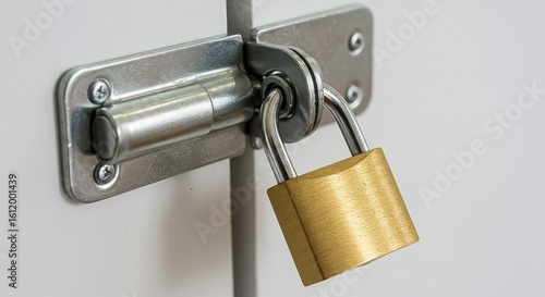 A shiny brass padlock secures a metal latch on a white door, ensuring safety and protection