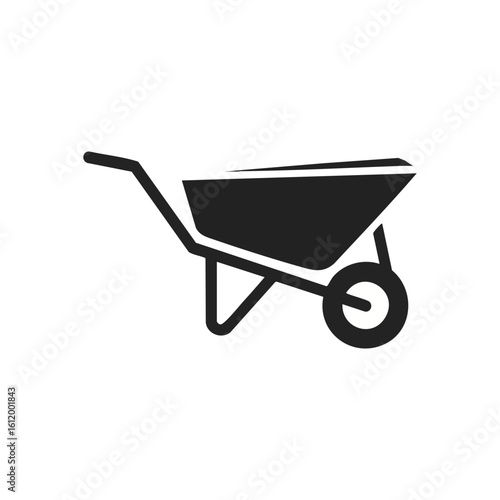 Modern Wheelbarrow Tool Icon. A sleek, flat design illustration of a versatile garden or building implement, representing diligent labor, practicality, and landscaping tasks.