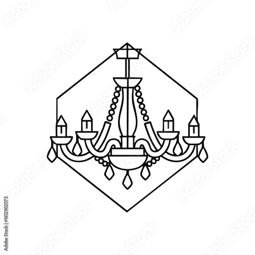 Elegant Chandelier Line Art Icon. This minimalist graphic displays a luxurious lighting fixture, symbolizing grandeur and opulent sophistication. Ideal for upscale design.