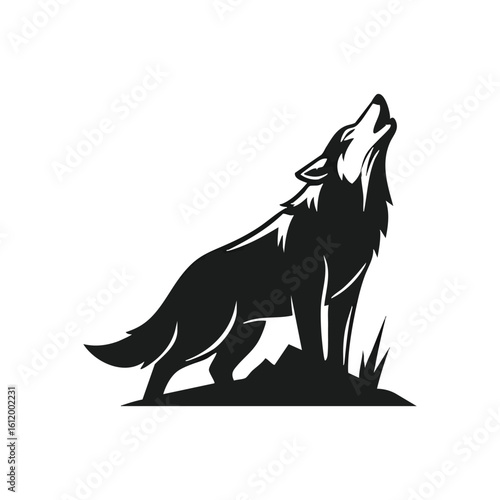 Wild Wolf Howling Silhouette. Dynamic black and white illustration of a creature expressing its primal voice. It symbolizes strength, freedom, and untamed nature.