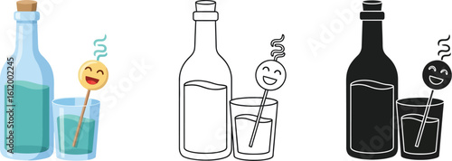 Vector illustration of bottle and glass with drink and cute face for party celebration icon