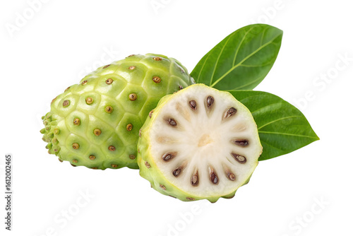 Close up of a whole and sliced noni fruit with green leaves isolated on transparent background