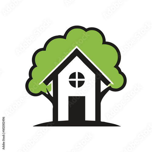 Sustainable Living Home Logo. This emblem showcases a dwelling intertwined with lush foliage, symbolizing eco friendly architecture, environmental care, and harmonious existence.