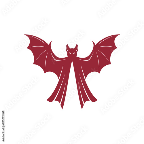 Sinister Red Bat Vampire Design. A fearsome crimson nocturnal entity with glowing eyes on black. This abstract symbol evokes horror, gothic fantasy, and dark, eerie themes.